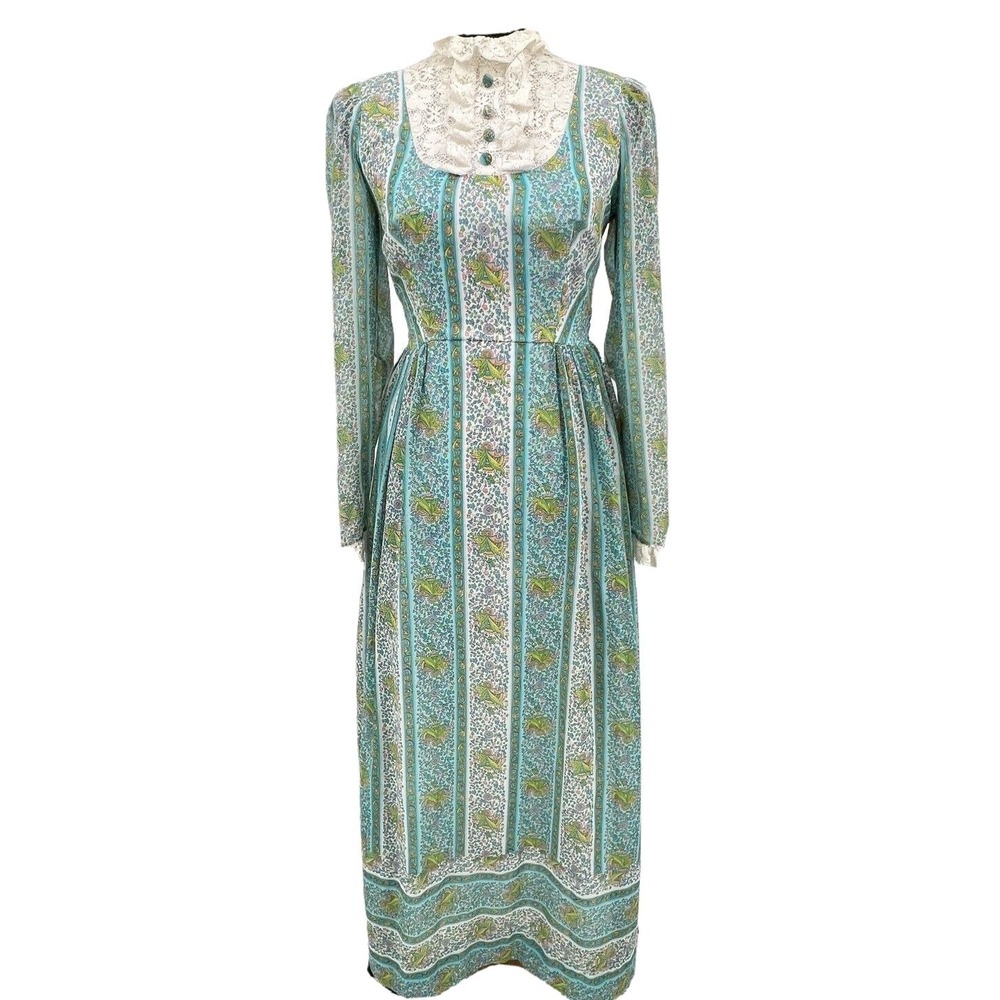 Vintage 60's Blue Pink Floral Print White Lace Prairie Boho Maxi Dress Small - Picture 2 of 12